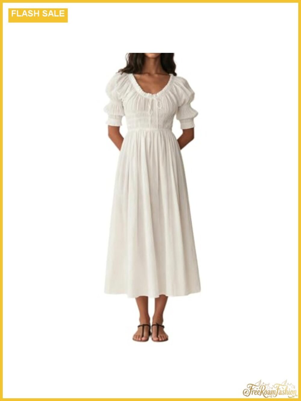Smocked Puff Sleeve Off Shoulder Flowy Midi Dress Maternity Baby Shower Summer